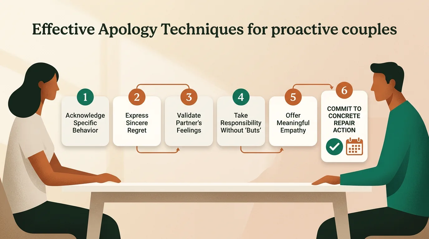 Six-step apology repair framework visual between two partners