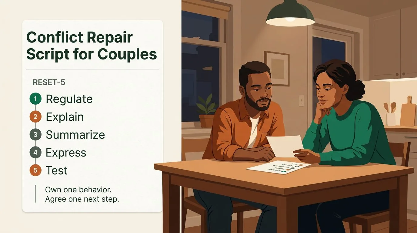 RESET-5 conflict repair framework visual beside a couple having a calm repair conversation