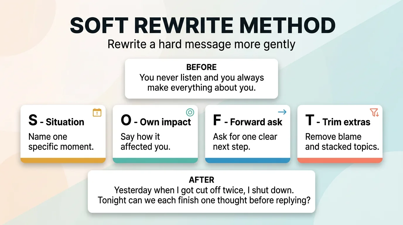 SOFT rewrite method infographic with before and after relationship text examples