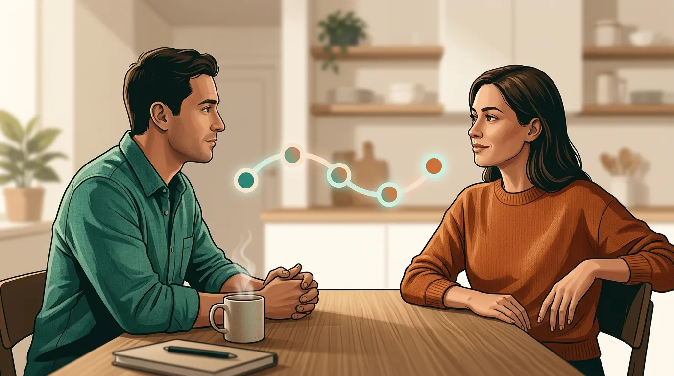 Two partners sitting calmly while discussing a difficult relationship topic