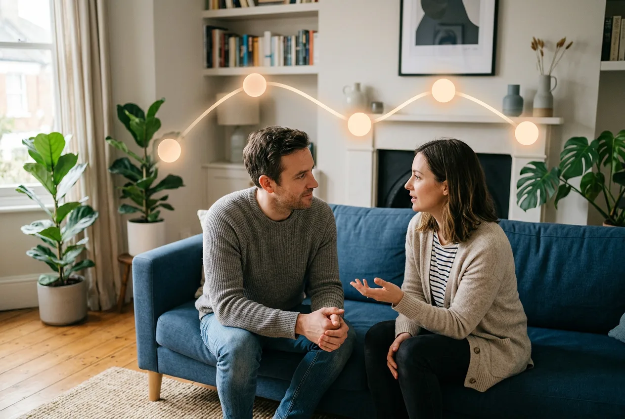 Two partners having a calm conversation in a home setting
